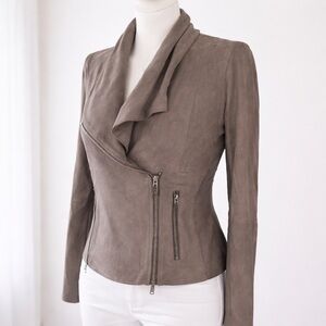 Vince Leather Jacket Taupe Drape Front Moto Rib Panel Size S